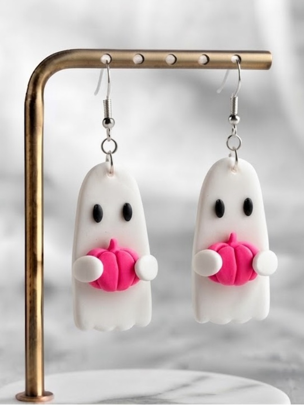 Fall Ghostie Holding Pumpkin — Fall — Handmade Earrings — Pink